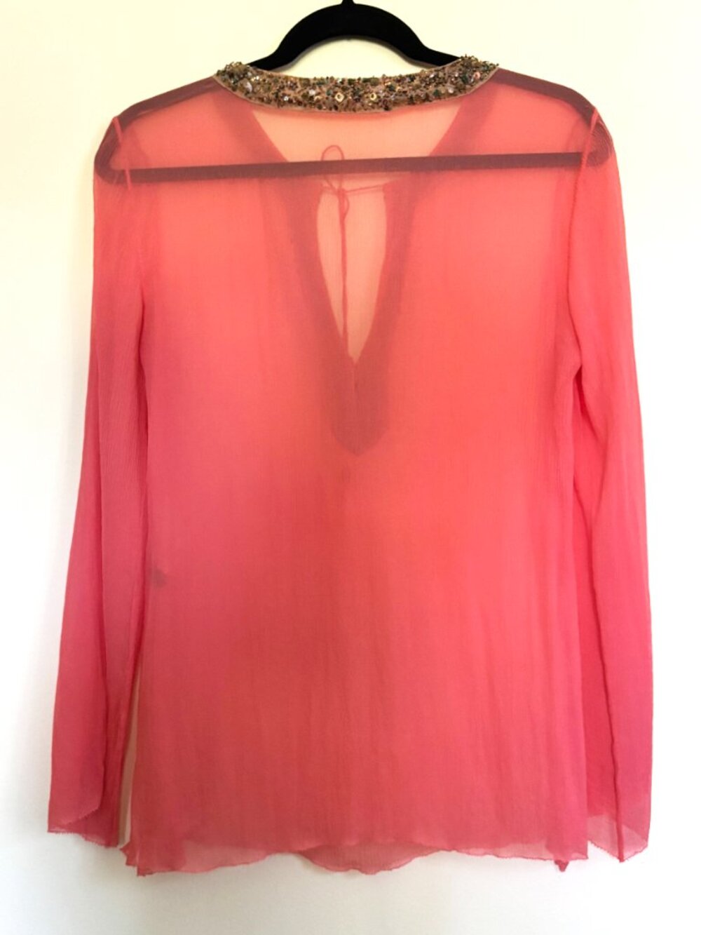 Coral Pink Sheer Ornately Beaded Tunic Top Size M - Picture 2 of 8